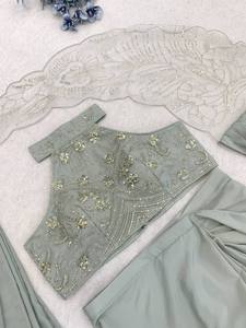 Robe indienne pakistanaise en soie crêpe de qualité supérieure, vert menthe, à deux pièces, brodée, longueur ras du sol, avec jupe plissée et châle, pour banquet - Product Image 5