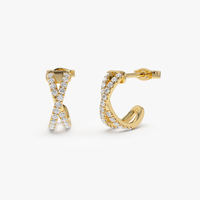 Boucles d'oreilles demi-cercle en or 14 carats avec diamants pavés en forme de X, modernes, en forme de X, avec diamants naturels VS 0,35 carats pour hommes et femmes