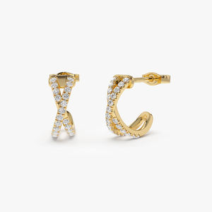 Boucles d'oreilles demi-cercle en or 14 carats avec diamants pavés en forme de X, modernes, en forme de X, avec diamants naturels VS 0,35 carats pour hommes et femmes - Product Image 1