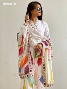 Designer Beautiful Muslin Cotton with Digital Big-Leaf Colorful Print Straight Long <b>Kurti</b>-Dupatta & Plain Pant Set Woman Fashion - Product Image 2