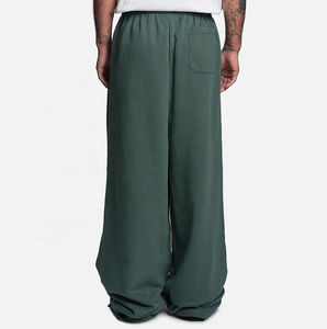 Wide Leg Fleece Pants Green Elastic Waist Loose Fit Casual Autumn Solid Color Right Leg Logo Full Length Knitted - Product Image 2
