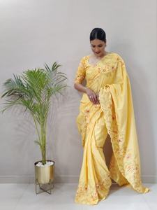 Premium Handwork Designer Party Wear Saree Collection Seda adornada con hermoso borde Encaje Trabajo Ropa India pakistaní - Product Image 5