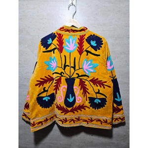 Chaqueta de Terciopelo Bordada a Mano para Mujer, Diseño Floral, Estilo Prairie Chic, Manga Larga, Abrigo de Primavera, Amarillo - Product Image 6
