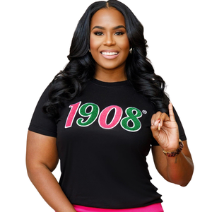 เสื้อยืดเชนิลสีดำ 1908 ปักตัวอักษรกรีกสีชมพูสีเขียว เสื้อยืดผ้าฝ้ายพรีเมียม สตรีทแวร์ลำลอง เสื้อผ้าสำหรับชมรม - Product Image 6