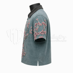 เสื้อโปโลผู้ชายปักลายดอกไม้ แขนสั้น สไตล์ลำลอง สตรีทแวร์ คอปกตัดสี ดีไซน์ลายดอกซากุระ - Product Image 4