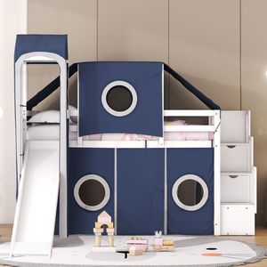 Lit mezzanine bleu taille double avec tente et tour pour enfants - Product Image 2