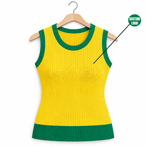 Cosh International Sisterhood Sorority Yellow Green Contrast Knitted <b>Sleeveless</b> Tank Top O-Neck Casual Wear Sweater - Product Image 5