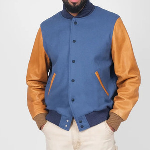 Chaqueta Varsity Azul para Hombre con Mangas de Cuero Marrón, Parche Bordado con Caracteres en la Parte Delantera, Ropa Casual de Otoño - Product Image 5