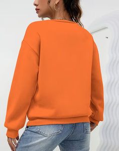 Women's <b>Orange</b> Oversized Crewneck Sweatshirt Solid Color Long Sleeve Woven Loose Fit Winter Casual Eco-Friendly <b>Fleece</b> - Product Image 3