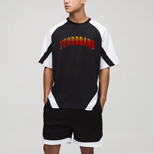New Style <b>Men</b> Contrast Panel Summer Set <b>Black</b> White Breathable 100% Cotton T-Shirt <b>Shorts</b> Two-Piece Casual Streetwear Athletic - Product Image 1