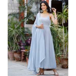 Vestido de Gasa Gris Cielo con Corte en A y Cintura Imperio, Talla XS, con Superposición de Lentejuelas - Product Image 2