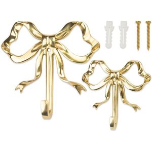 Confezione da 2 pratici ganci a vite in ottone dorato con design a fiocco, ganci da parete in stile vintage per bagni - Product Image 1