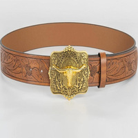 Cinturón de Cuero Vaquero para Hombre, Duradero y Versátil, de Cuero Flor Entera, con Hebilla de Latón con Diseño de Cuerno de Toro, Cinturón de Cuero Repujado