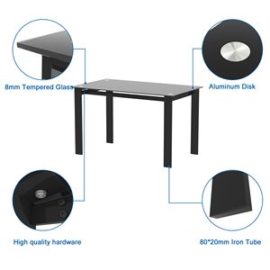 Tavolo da pranzo rettangolare nero moderno con piano in vetro temperato e semplici gambe in metallo per soggiorno o uso cucina - Product Image 4