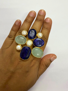 Anillo con Forma de Flor, con Zafiro, Aguamarina y Perla Semipreciosas, Chapado en Oro de 18K, Joyería Cristiana, Hecho a Mano, para Fiesta - Product Image 3