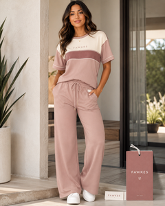 Ensemble de survêtement décontracté pour femme FAWKES, couleur noire, haut à manches courtes avec blocs de couleur, pantalon à fermeture éclair avec poches latérales, coupe régulière, hiver, 100% coton - Product Image 2