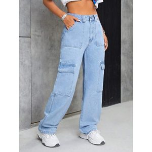 Pantalon cargo en denim ample à taille haute respirant pour femme, style rétro funky vintage bleu glace, multi-poches, taille 26-40 - Product Image 2