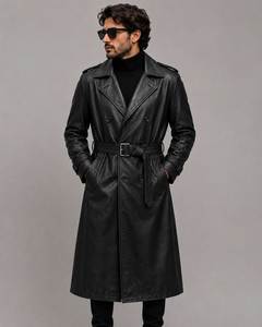 Manteau long en cuir véritable pour homme, col à revers, double boutonnage, avec ceinture, coupe classique - Product Image 6