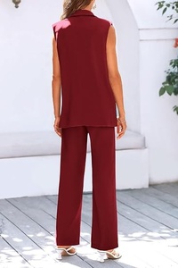 Women's Red Sleeveless <b>Blazer</b> <b>Set</b> Loose Fit Wide Leg Pants Two Piece Suit Casual Spring Summer Solid Color Crepe Fabric - Product Image 6