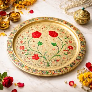 Decorative Floral Brass Thali with Handcrafted Meenakari Design Traditional Puja Plate for Home <b>Mandir</b> Aarti Bhog Festive - Product Image 2