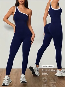 Trendy One-Shoulder Athletic Unitard with Contrast <b>Edge</b> | Slim-Fit Moisture-Wicking Seamless Workout Outfit | Soft Fabric - Product Image 2