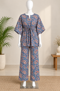 Blue Ajrakh Printed Floral <b>Kaftan</b> Co-Ord Set Wide-Leg Palazzo Pants Natural Waist Ethnic Casual Wear for <b>Summer</b> Resort Everyday - Product Image 4