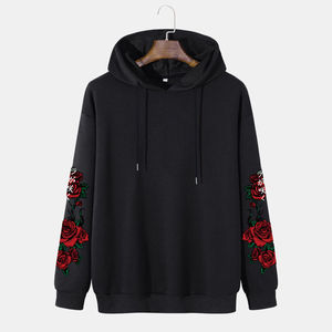 Sudadera con Capucha Negra para Hombre con Bordado de Rosa, Estilo Gótico Urbano, Sudadera de Forro Polar - Product Image 1