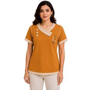 T-shirt décontracté pour femme col en V manches courtes beige moutarde orange broderie florale bordure contrastante détails boutonnés vente en gros - Product Image 1