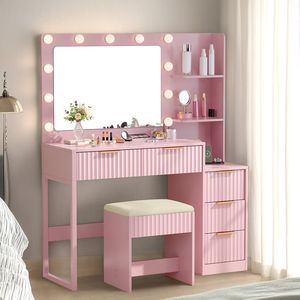 Set Toeletta Rosa a 5 Cassetti e 2 Livelli in Truciolato con Finitura Melaminica, 11 Lampadine Tricolore e Multipresa per Trucco - Product Image 1