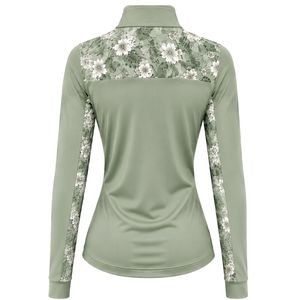 Camiseta Deportiva de Manga Larga con Cierre de Cremallera para Mujer, Color Verde Salvia, con Panel Floral en las Mangas, Ropa Deportiva para Fitness - Product Image 2