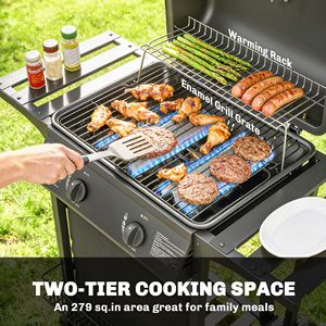 Grill a Gas Propano Nero da 18000 BTU con 2 Bruciatori, Griglia di Riscaldamento, Termometro, Vassoio Raccogligocce, Ruote e Struttura in Acciaio - Product Image 4