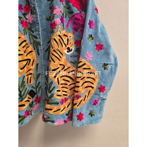 Hand Embroidered Cotton <b>Jacket</b> With Tiger And Floral <b>Pattern</b> Mandarin Collar Autumn Wear - Product Image 2