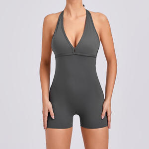 Combinaison une pièce pour femme à col halter et décolleté en V, en tissu bambou, idéale pour le gymnase, les exercices de fessiers et le renforcement du tronc - Product Image 1