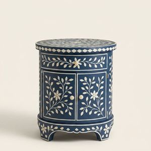 Mesa de Noche Azul Marino de Alta Calidad, Ecológica, Hecha a Mano, con Incrustaciones de Hueso, para Uso Doméstico - Muebles con Incrustaciones de Hueso, Decoración de Dormitorio - Product Image 1