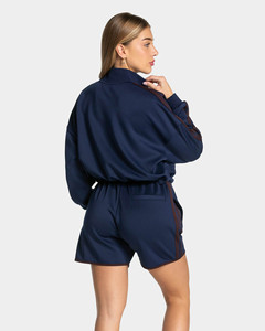 New Fashion OEM Custom Drop Shoulder <b>Dark</b> <b>Blue</b> Crop Zip Jacket & Shorts With Stripes Womens Tracksuits Streetwear Women's Hoodie - Product Image 2