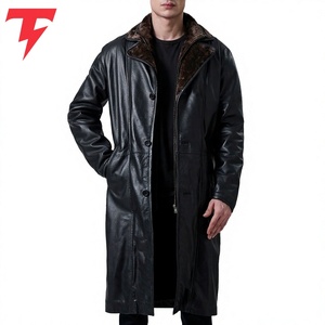 <b>Men's</b> Genuine <b>Leather</b> Eco-Friendly Feather Filled <b>Long</b> Down <b>Coat</b> Notched Lapel Single Breasted Overcoat Standard Winter Wear - Product Image 1