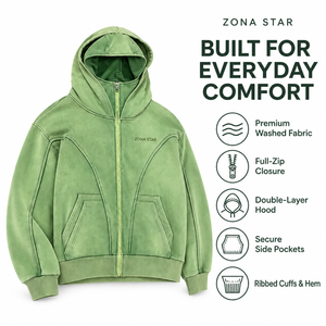ZONA STAR Unisex Oversized <b>Zip</b>-Up <b>Hoodie</b> Green French Terry 100% Cotton Streetwear Casual with Front <b>Pocket</b> Winter Wear - Product Image 3