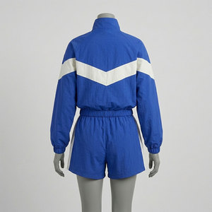Ensemble de shorts sportifs 2 pièces pour femmes, bleu et blanc, à blocs de couleur, avec col à capuche et manches longues, coupe classique, style urbain, pour l'hiver - Product Image 3