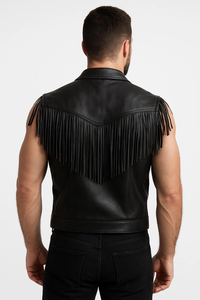 <b>Men's</b> <b>Denim</b> Polyester Breathable Fringe Biker <b>Vest</b> Turn-down Collar Moto Style Outerwear Winter Wear - Product Image 4