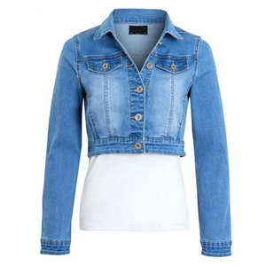 Women's Denim Trucker <b>Jacket</b> Full <b>Sleeve</b> Button Front Turn-down Collar Spring <b>Short</b> Length Solid Color Cotton Woven <b>Jacket</b> - Product Image 2