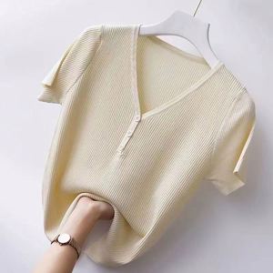 Camiseta de punto para mujer, cuello en V, manga corta, transpirable, con decoración plisada, color sólido, corte holgado, estilo casual, para primavera y verano - Product Image 5