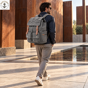 Mochila de Lona Gris Carbón con Solapa Plegable |   Mochila vintage con cordón ajustable, dos bolsillos frontales, cremallera lateral y correa con hebilla marrón - Product Image 3