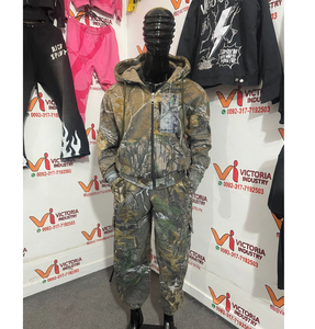 Sweat à capuche court et ample en molleton bouclette pour homme, avec logo personnalisé, impression graphique délavée à l'acide, style vintage, fermeture éclair, poche camouflage, style streetwear - Product Image 1