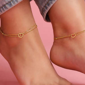 Chevillère en argent sterling 925 plaqué or rose à double chaîne avec cœur, réglable, pour femme, bijou de pied tendance - Product Image 1