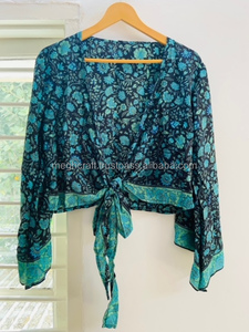Boho Long Bell Sleeve <b>Silk</b> Tie <b>Top</b> for Women Hippie Wrap <b>Crop</b> <b>Top</b> Floral Print Front Tie <b>Top</b> Beachwear Bulk Export Assorted - Product Image 4