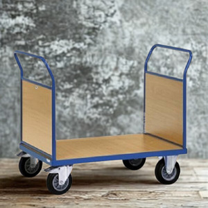 Heavy duty platform trolley <b>cart</b> with <b>wooden</b> panels and caster wheels for warehouse industrial transport - Product Image 2