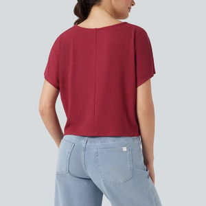 Haut court d'été pour femme, tricot côtelé à manches courtes, couleur unie personnalisable, coupe ajustée ou ample, boutonné – Meilleure vente - Product Image 2