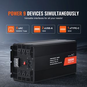 Inverter di Potenza a Onda Sinusoidale Modificata 5000W DC 12V AC 120V con 6 Prese AC, 2 Porte USB, 1 Porta Type C, Protezione da Sovratensione 15V, Display LCD - Product Image 3