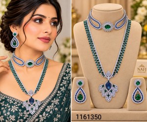 Ensemble de colliers élégants en pierre AD double couche, comprenant un collier ras-du-cou et un long collier en diamant américain brillant, avec boucles d'oreilles pendantes assorties, vente en gros - Product Image 6