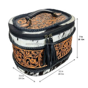 Customized Logo Portable Hand Tooled Leather <b>Makeup</b> Box Travel Cosmetic <b>Case</b> Western Style Genuine Cowhide Leather Jewelry Box - Product Image 2